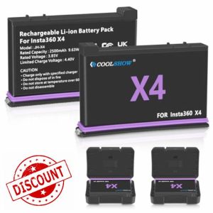 COOLSHOW X4 Battery Replacement 2500mAh 2 Packs Compatible with Insta360 X4 Battery Comes with Battery Protection Cases Compatible with Insta 360 X4 Camera