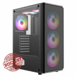 CiT Delta Black Mid-Tower PC Gaming Case ATX with Mesh+Accented ABS Front & Tempered Glass Side Panel with 30% Tint with 6 x Infinity 120mm ARGB Inner-Ring Fans & 6-Port Hub Included