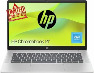HP Chromebook 14" | Intel Processor N100 Processor| 4 GB RAM | 128 GB Flash Storage | Intel UHD Graphics | HD Display | Up to 12hrs battery | Chrome OS | Dual Speakers | Glacier Silver | 14a-nf0002sa