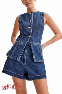 Women Blazer Vest 2 Piece Set Button Down Sleeveless Vest Tops High Waist Short Pants Suit Going Out Vest Sets