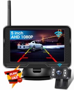 【Stable Signal】Wireless Reverse Camera AHD 1080P Reversing Camera with 5 inch Monitor 6 LED Light 170° Wide Angle Reverse Camera Kit for Car Van Caravan IP69 Waterproof DIY Guide Line