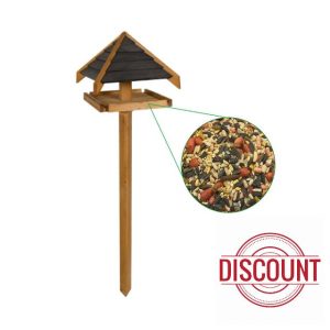 Green Feathers Handcrafted Wooden Pine & Charcoal Bird Table with Sheltered Roof & Mounting Stake for Outdoor Garden - Feeding Station for Small to Medium Birds (Charcoal Roof Bird Table & Seed Mix)
