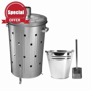 (     ) Metal Shovel (4 Inch) + 9L Bucket + 75 Litre 75L Extra Large Galvanised Metal Incinerator Recycle Garden Rubbish Fire Burning Bin Taper Mouth Hand Shovel