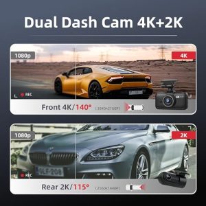 4K Front + 2K Rear Full HD Dash Camera for Cars Built-in Wi-Fi Bluetooth GPS with 32GB SD Card