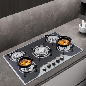 Black Glass Cooker 90x51cm Cooker Gas Stove Gas Cooking Hob with Battery Automatic Pulse Ignition