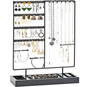 144 Holes Stud Earring Display Rack Necklace Storage Tower with Removable Wood Ring Tray for Necklaces Earrings Bracelets Rings -Grey