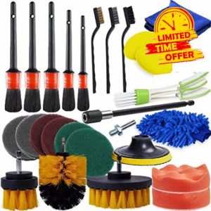 Homeriy 27pcs Exterior Interior Auto Car Cleaning Kit with Detail Brushes Drill Brushes Wash Mitt Polishing Pads Scouring Pads for Car Interior Exterior Cleaning