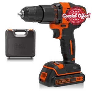 BLACK+DECKER 18 V Cordless 2-Gear Combi Hammer Drill Power Tool with Kitbox