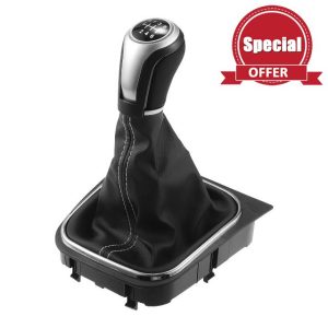 A ABSOPRO 6 Speed Manual Gear Shifter Knob with Cover for Volkswagen Eos After 2006 Faux Leather Gearbox Stick Shifter Lever Knob Black with White Stitches