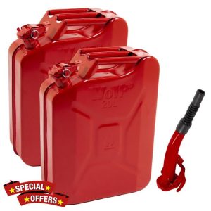 2 x 20 Litre Metal Jerry Cans in Vibrant Red with Pouring Spout Wolf 20L Fuel Gas Diesel Gasoline Petrol Oil Tank Canister 3 Handle Durable Containe