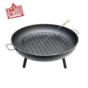 Generise Fire Pit - 'Triblaze' XL - 84cm Diameter Rustic Black Fire Bowl Made from Solid Steel Complete with Grill and Iron Poker (100cm with Handles)