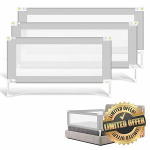 Ansobea 3PCS Bed Guard Bed Rails foldable 2x180cm+1x150cm No-screws for Toddlers Bed Safety Guard for kids Large U shade base Travel Bed Guard Bed Side Rail easy install and carry Grey