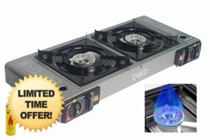 DWD® Premium Double Camping Gas Stove 5KW For Butane Gas or LPG Gas Source Connector Supplied EN417 Compliant Automatic Ignition & Heat Control Enamel Pan Supports