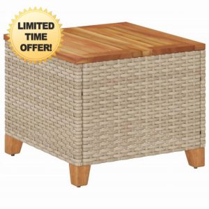 idaXL Garden Table in Beige/Brown - Poly Rattan with Acacia Wood Top & Powder-Coated Steel Frame 45x45x37 cm for Patio/Outdoo