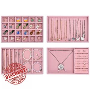 ProCase Jewellery Tray Organiser 4 Set Jewellery Drawer Organiser Velvet Stackable Jewellery Storage Tray for Drawer Jewellery Display for Earring Necklace Ring Bracelet