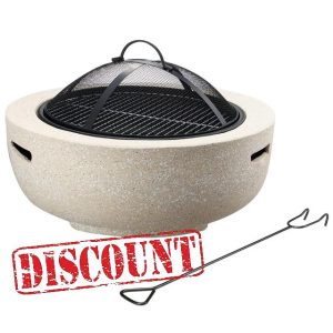 Gr8 Garden Round MGO Fire Pit Round Beige 55cm Large Barbecue Outdoor Garden Patio Barbeque with BBQ Cooking Grill Bowl Mesh Cover And Poker Camping Heater Burne