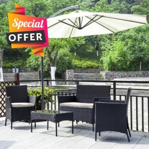 XEO HOME Rattan Garden Furniture Set 4 Pc Table and Chairs 4 Piece Indoor Outdoor Balcony Patio and Conservatory Furniture Sofa Backyard Pool Side Coffee Seater (Black)