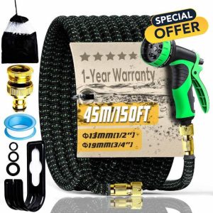 150FT Expandable Garden Hose Pipe Set & 10 Pattern Spray Nozzle Flexible Expanding Magic Hose with 3/4" 1/2" Fittings for Outdoor