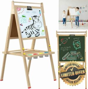 DEZYN - Kids Wooden Art Easel Double-Sided Whiteboard and Chalkboard Adjustable Standing Easel Painting Drawing Board with Paper Roll Holder Magnetic Letters and Numbers Accessories