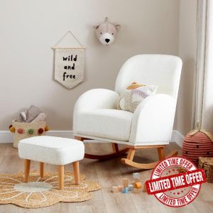 Babymore Freya Nursing Chair & Footstool in Off-White Bouclé - Elegant Rocking Chair for Timeless Comfort With Sturdy Wooden Legs