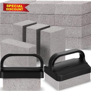 Kacctyen 16 Pcs Pumice Stones Scrubbing Grill Griddle Cleaning Brick Block Grill Cleaning Stone Griddle Scrubber Cleaner with 2 Pcs Handle for Outdoor BBQ Oven Flat Top Cookers Remove Greases Stains