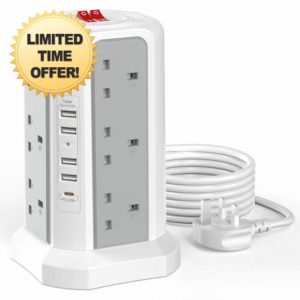 Tower Extension Lead with USB Slots with 20W USB C Fast Charger(5V/3.1A)