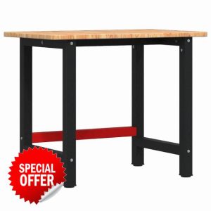 idaXL Workbench Light Brown 100x60x81.5 cm - Solid Oak Wood - Rectangular Work Table with Powder-Coated Metal Frame - Ideal as Tool Bench or Work Desk ```
