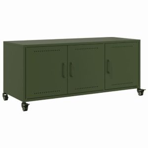 idaXL TV Cabinet Stand/Media Unit - Olive Green Cold-Rolled Steel with 3 Doors and Wheels - Storage for Living Room