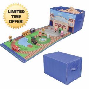 ZANY TRAINS - Train Storage Bin and Play Mat - Wooden Railway Toy Storage Box with Train Tracks Design - Two in One Collapsible Toy Car Storage With Station - Car Garage Fabric Bi