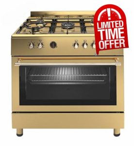 Ferre F9S50E7-GI-RETRO 90cm Dual Fuel Range Cooker With Double Turbo Fan & Wok Burner - Gold            [Energy Class A]
