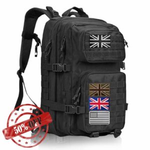 Geebymol 45L Military Tactical Backpacks Large Molle Army Assault Pack 3 Day Bug Out Bag Laptop Bag for Hiking Treeking Black Hunting Rucksack with 4 Flag Patches