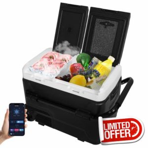 ARTETHYS Camping Fridge 50L Car Fridge Car Refrigerator 12V Portable Freezer with APP Control Dual Zone Compressor -20°C to 20°C with 12/24V DC 240V AC for Camping Travel Caravan RV            [Energy Class E]