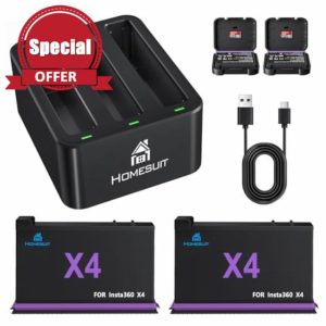 Homesuit Insta360 X4 Replacement Battery 2500mAh and Triple Micro USB Charger Compatible with Insta360 ONE X4 Action Camera Accessories with Misro SD Card Slots (2-Pack)