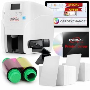 Pointman PULSE Printer Bundle - ID Card Printer Bundle - Logitech Webcam - 200 Cards - Dye-Sublimation Ribbon - CardExchange ID Card Design Software - PVC ID Card Printer - Dye Sublimation Printe