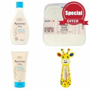 Alimos Bath Bundle With Bath Thermometer & Bamboo Wash Cloths Bundled With Aveeno Baby Daily Care Hair & Body Wash 250ml And Daily Care Moisturising Lotion 150ml