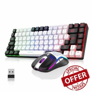 RedThunder K84 75% Wireless Gaming Keyboard and Mouse Rainbow Backlight UK Layout 85 Keys TKL Ultra Compact Mini Design Lightweight Honeycomb Gaming Mouse for PC Mac PS5 Office Gamers (White-Black)