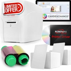 Pointman PULSE Printer Bundle - ID Card Printer Bundle - 200 Cards - Dye-Sublimation Ribbon - CardExchange ID Card Design Software - PVC ID Card Printer - Dye Sublimation Printer (PULSE 100)