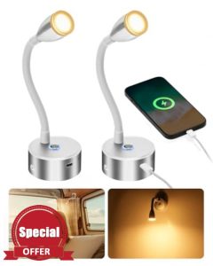 SUPAREE 12V LED Lights USB Caravans 12V Spot Lights Motorhome 12V Reading Light LED Campervan Flexible Gooseneck with Type C Port Touch Switch Dimmable 3000K Acrylic 2pcs