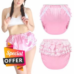 Littleforbig Washable Reusable Waterproof Ruffled Lace Bow Pretty in Pink Satin Over Adult Diaper Cover M