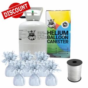 Small Helium Canister with Curling Ribbon and 6 Foil Balloon Weights (White