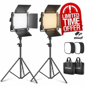 NEEWER 2 Pack Bi-color 660 LED Video Light and Stand Kit:(2)3200-5600K CRI 96+ Dimmable Light with U Bracket and Barndoor