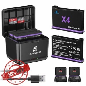Homesuit Insta 360 X4 Replacement Battery 2500mAh and Triple Micro USB Charger Compatible with Insta360 X4 Action Camera Accessories with Misro SD Card Slots (2-Pack)