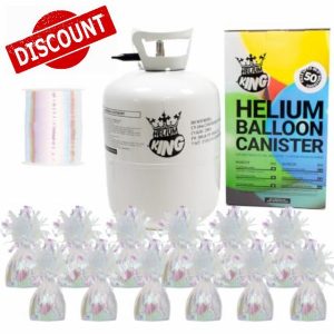Large Helium Canister with Curling Ribbon and 6 Foil Balloon Weights (Iridescent