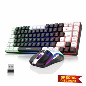 RedThunder K84 75% Wireless Gaming Keyboard and Mouse Rainbow Backlight UK Layout 85 Keys TKL Ultra Compact Mini Design Lightweight Honeycomb Gaming Mouse for PC Mac PS5 Office Gamers (Black-White)