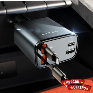 LISEN Retractable Car Charger 69W USB C Car Charger Adapter 4 in 1 Retractable Fast Car Phone Charger Compatible with iPhone 15/14/13/12/11 Samsung Galaxy S24 S23 Pixel Type C Car Charge