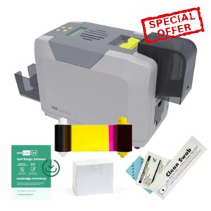 EasyBadge S26 Beginners ID Card Printer Bundle with ID Card Accessories including Blank Cards