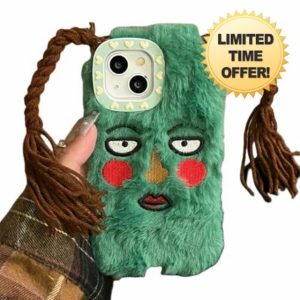 HEVANCIE funny phone case Cartoon Plush Soft Phone Case for iPhone 15 14 13 12 Pro Max 11 Cute Funny Ugly Blush Braids Girl Face Hair Back Cover-For iphone 12promax-A