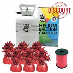 Small Helium Canister with Curling Ribbon and 6 Foil Balloon Weights (Red