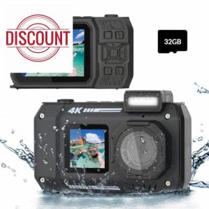 4K Underwater Camera 33 FT Waterproof Camera with Dual Screens Selfie Digital Camera Built-in 2500 mAh Battery 48MP Autofocus Waterproof Digital Camera for Snorkeling with 32 GB Card