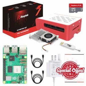 iRasptek Raspberry Pi 5 8GB Starter Kit - 64GB Pre-installed Raspberry Pi OS（Red&White Case）